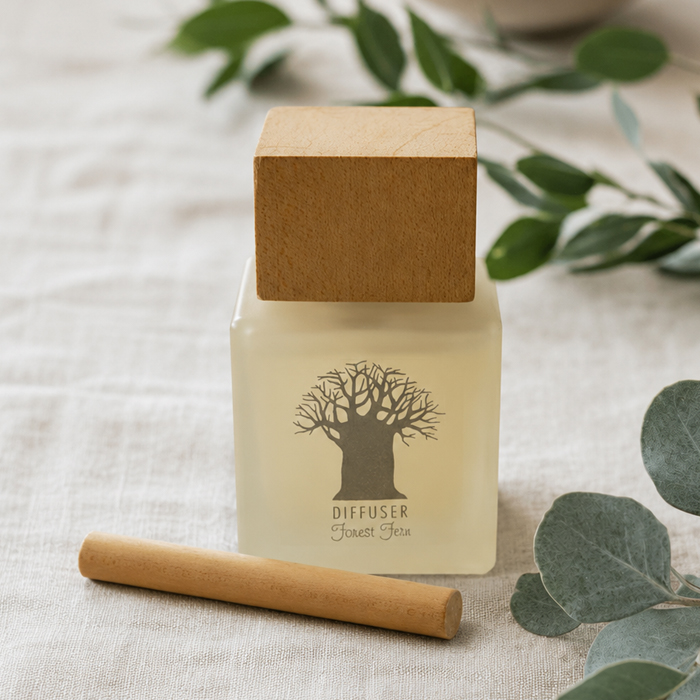 Mockana Wooden Top Diffuser in Forest Fern fragrance with wooden cap and glass bottle