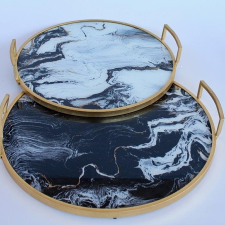 Set of 2 Black & White Marbled Trays 8x57cm