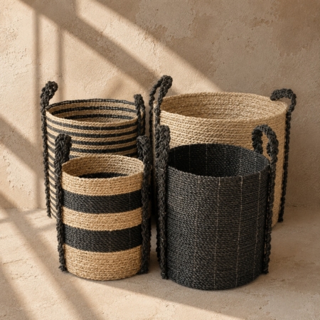 Set of 4 Black & Natural Baskets 39x39cm