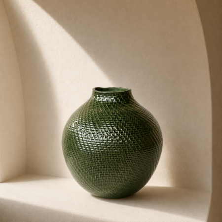 XL Green Basket Weave Ceramic Vase 37x32cm