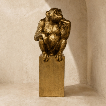Gold Monkey Statue on Pedestal Base 39x14x13cm