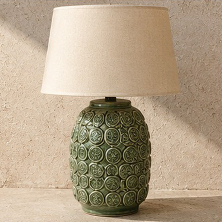 Green Ceramic Petal Lamp with Beige Shade 63.5x40cm