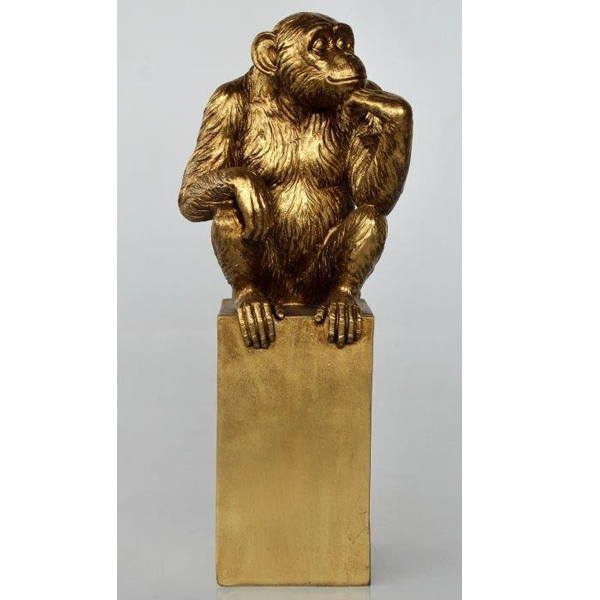Gold Monkey Statue on Pedestal Base 39x14x13cm