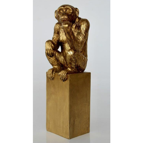 Gold Monkey Statue on Pedestal Base 39x14x13cm